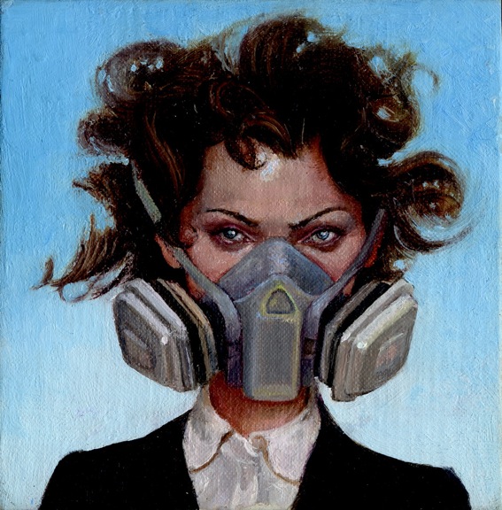 Melanie Vote painting from the Girls series. Girl with Gas Mask (2008), oil on panel, 4x4 in.