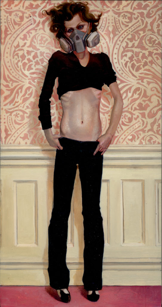 Girl with Gas Mask II (2008) oil on panel 9 x 17 in.
