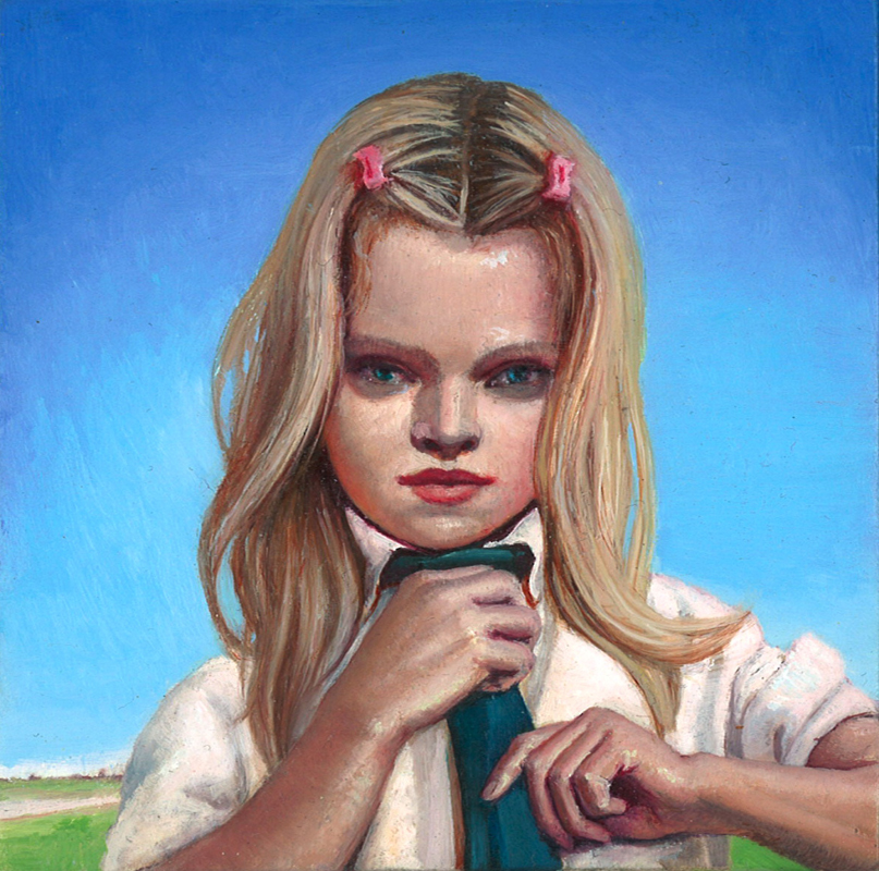 Melanie Vote painting: Girl with Tie (2008), oil on linen, 4x4 in.