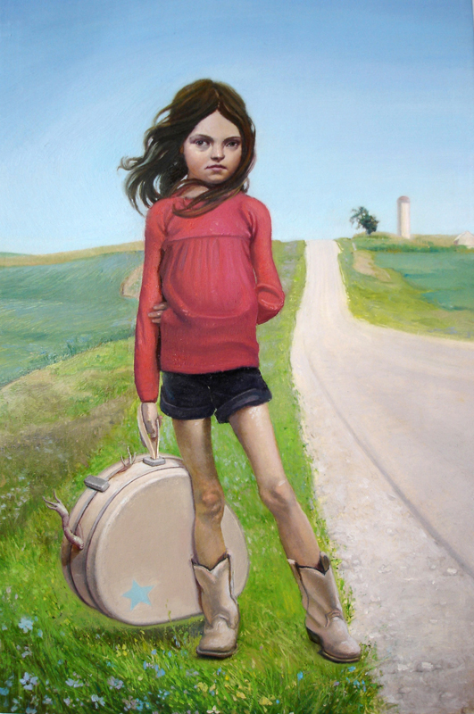 Melanie Vote painting: Girl with Carry All (2008), oil on panel, 8x12 in.