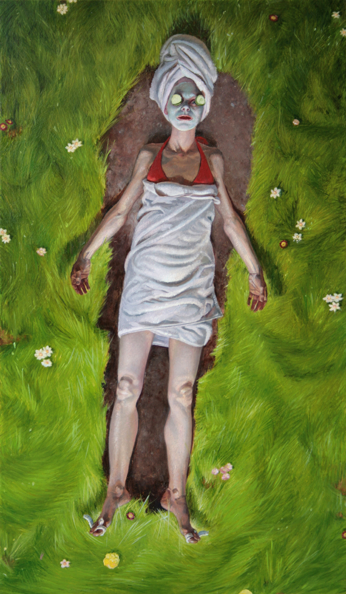 Melanie Vote painting: Girl with Cucumber and Mask (2008)oil on panel 10 x 17 in.