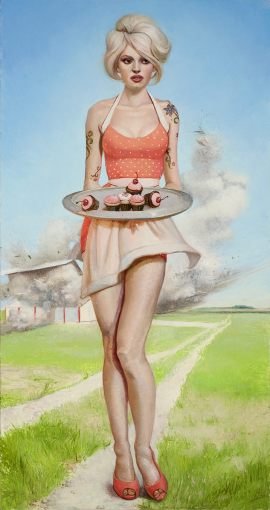 Melanie Vote painting: Girl with Cupcakes (2008), oil on panel 9x17 in..