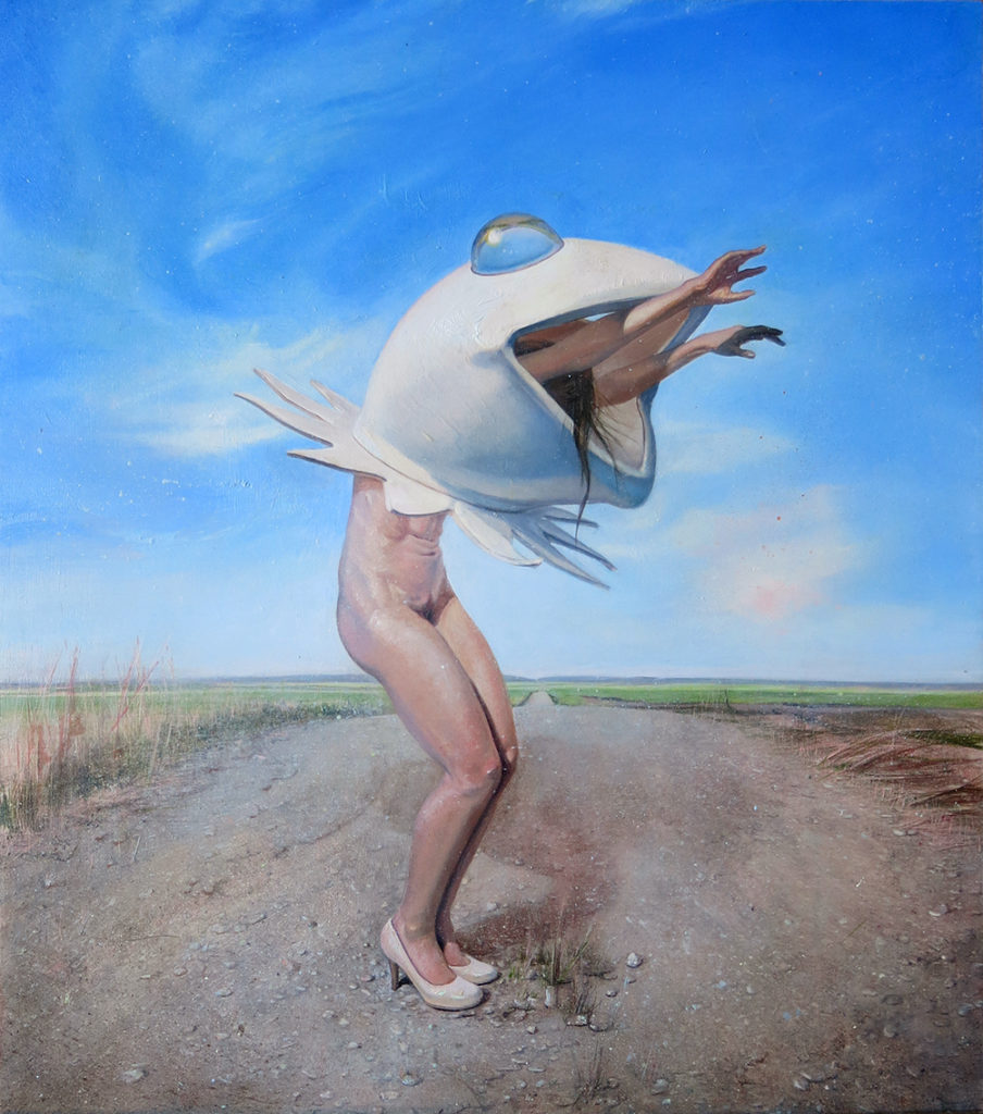 Melanie Vote painting: Frog Ballet (2014) oil on panel 14x17 in.