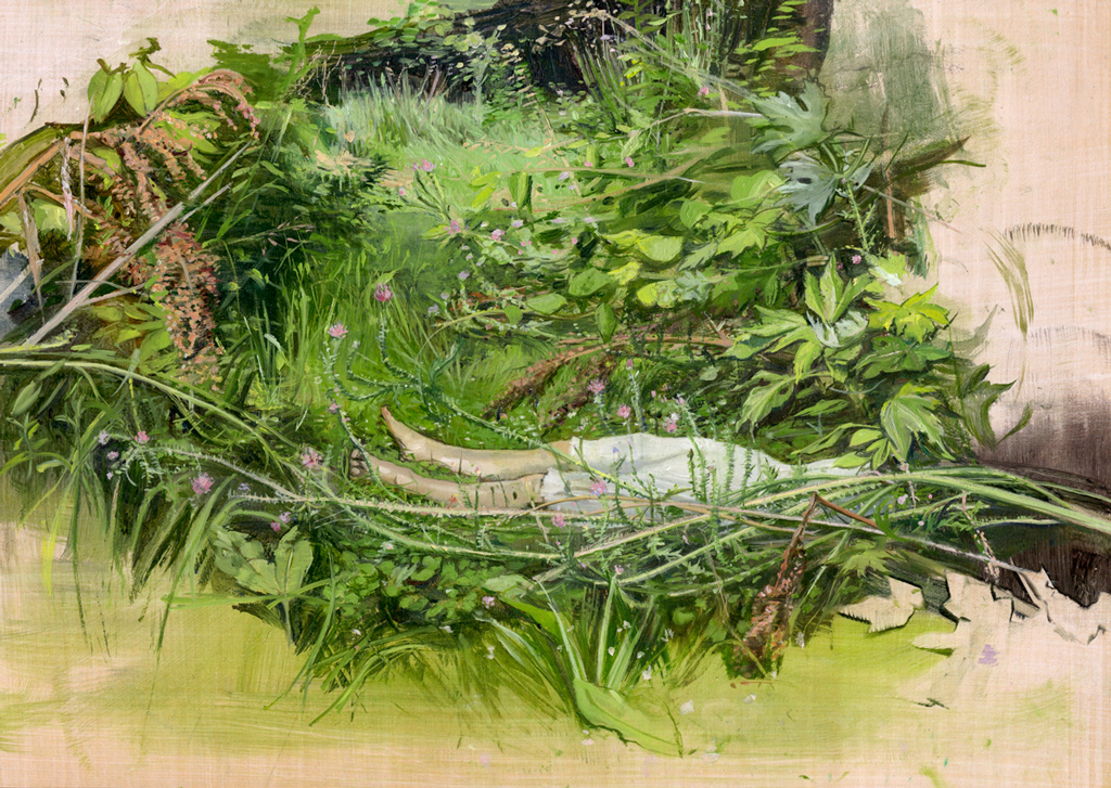 Melanie Vote painting: Overgrowth (2015) oil on paper on wood, 8 x 12in