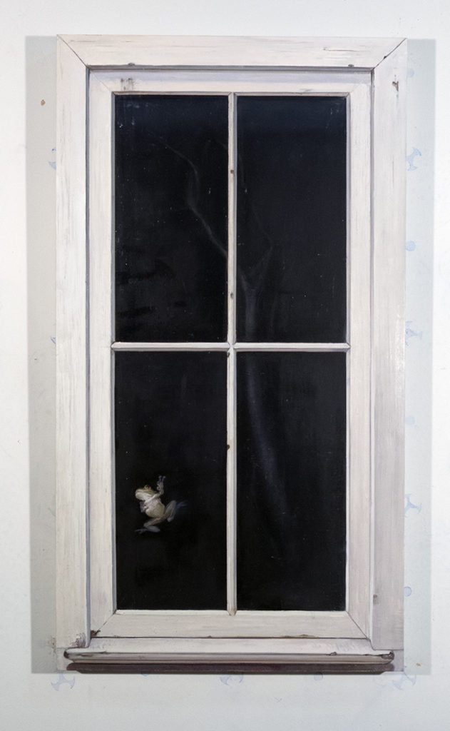 Melanie Vote painting part of the show Overgrowth at Hionas Gallery New York City Night Visitor (2016) oil on panel 2x24x40in.