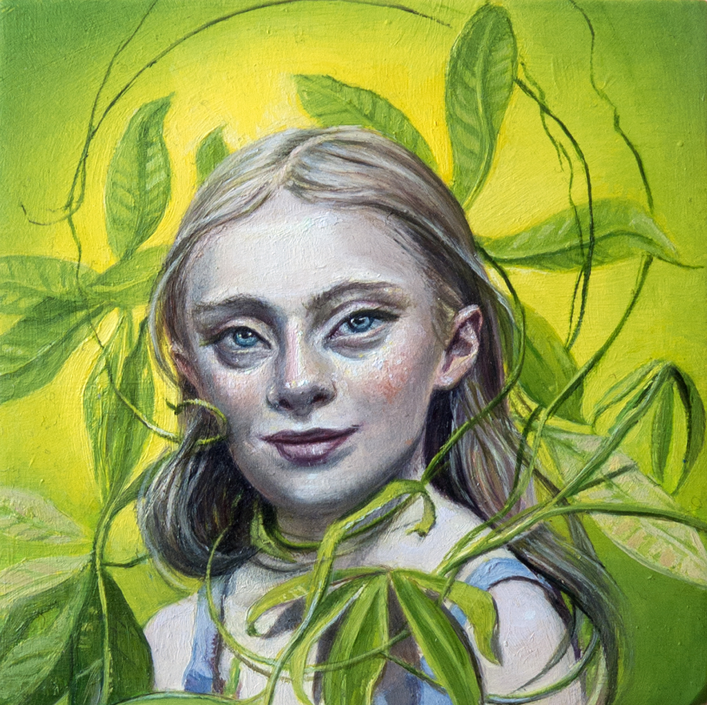 Melanie Vote painting: Young Lady of the Money Tree, 2017, oil on wood, 6x6in