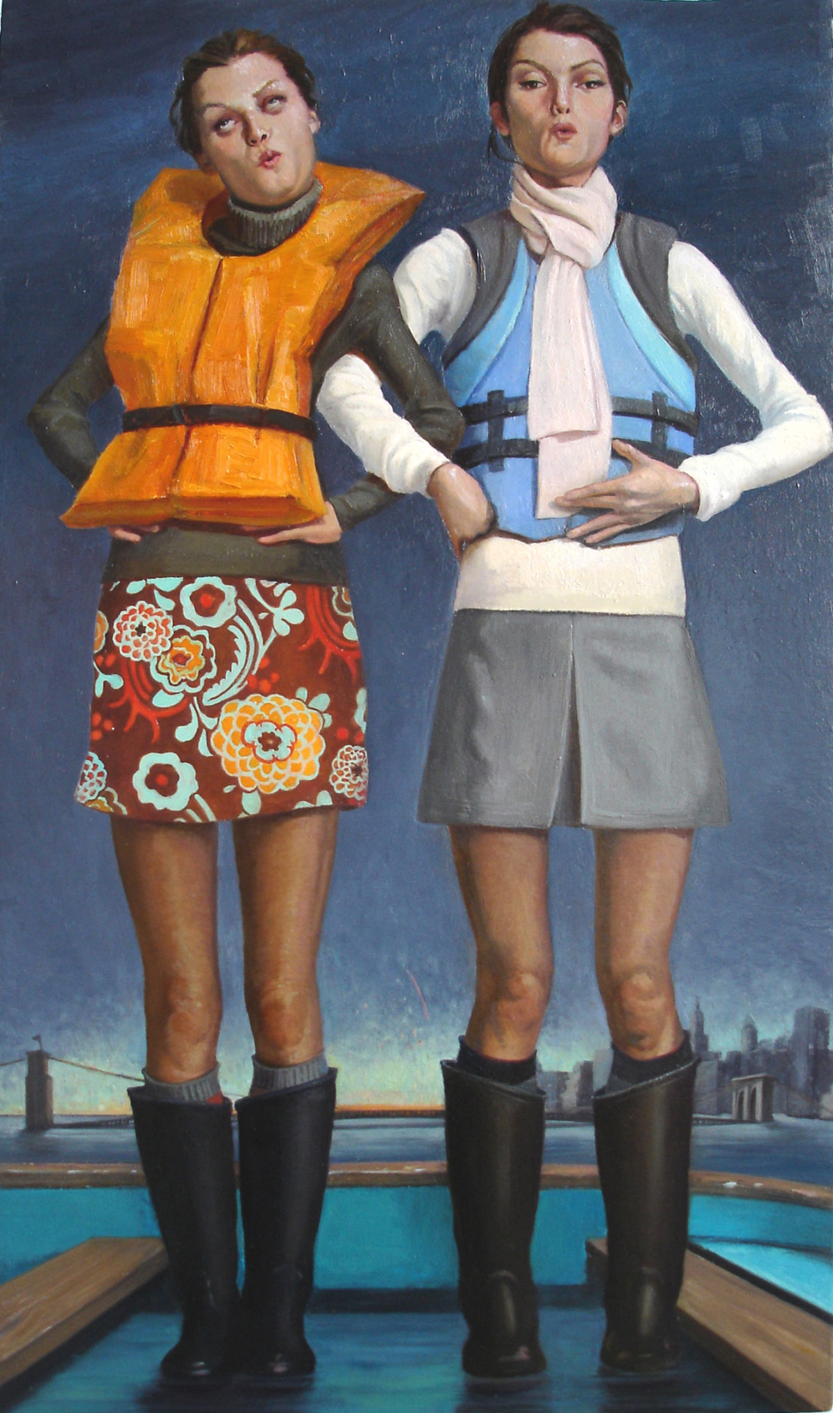 Melanie Vote painting: Girls in Boat (2008) oil on panel 8x17in