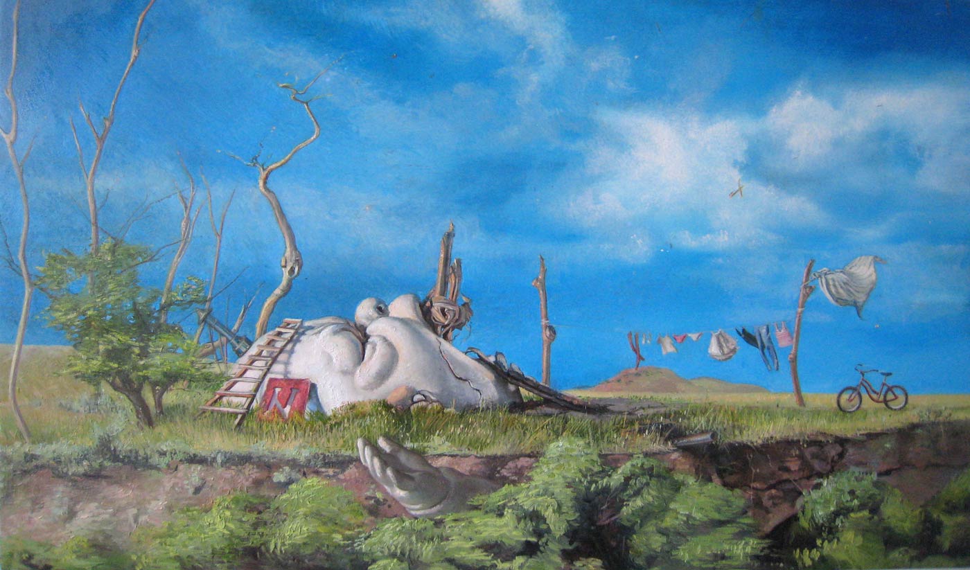 Melanie Vote painting Refuge in Ruins from 2010, oil on panel, 9x17in