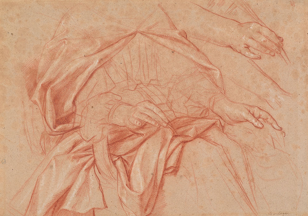 Nicolas de Plattemontagne (1631– 1706), Study of St. Agnes, with a Secondary Study of Her Hand Holding a Palm, ca. 1680, red and white chalk. The Morgan Library & Museum; Purchased on the E. J. Rousuck Fund, the Seligman Fund, and the Fellows Acquisition Fund; 2015.28.