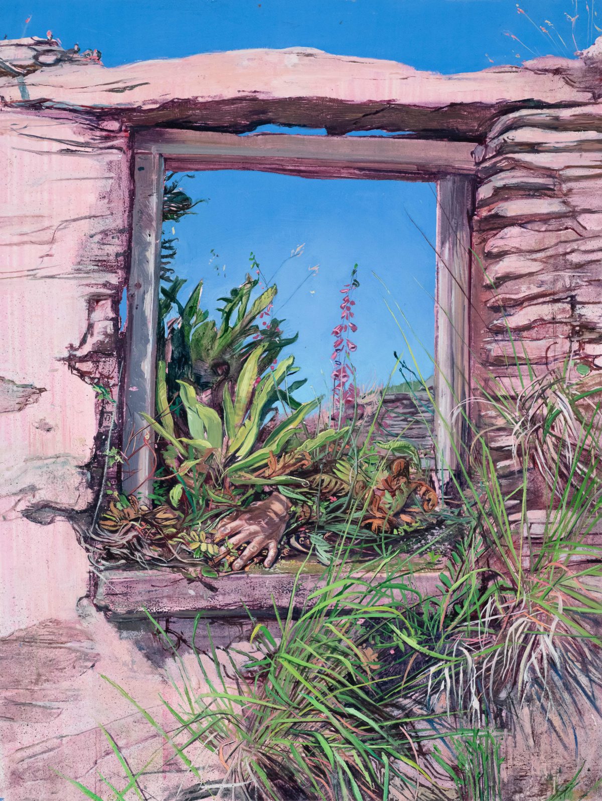 a painting by melanie vote representing a window of a stone cottage opening on a landscape, plants within which can be seen a human hand