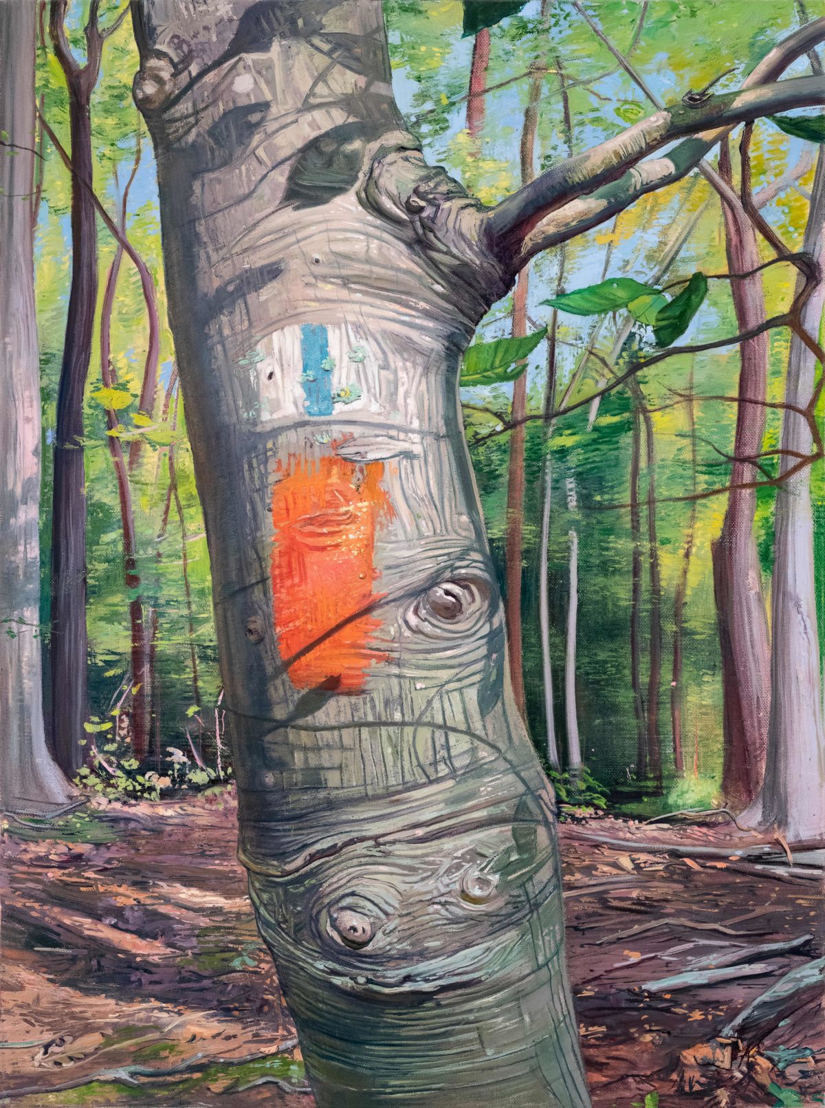a painting by melanie vote presenting a close up on a tree trunk with painted marks resembling an eye