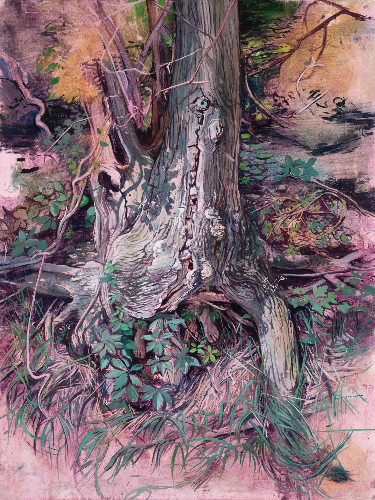 a painting by melanie vote representing a tree in close up with exposed roots where can be seen human feet