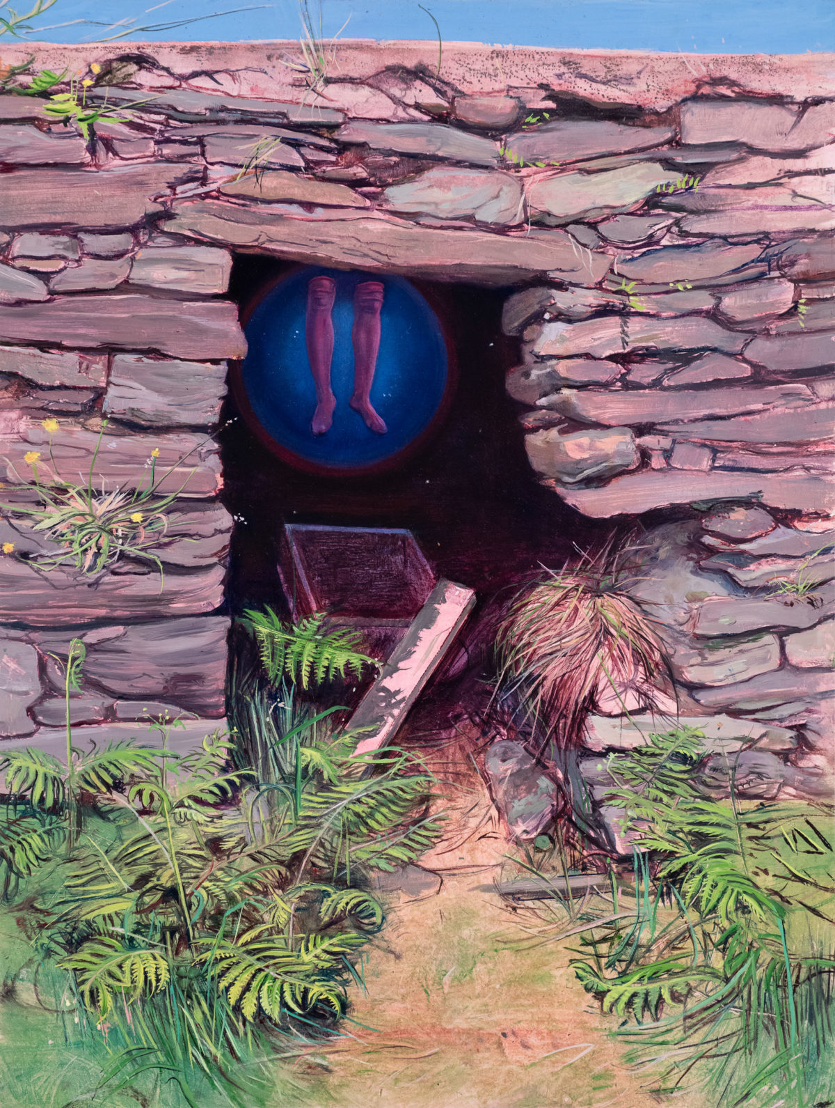 a painting by melanie vote representing an opening in a stone cottage within we can see human legs floating